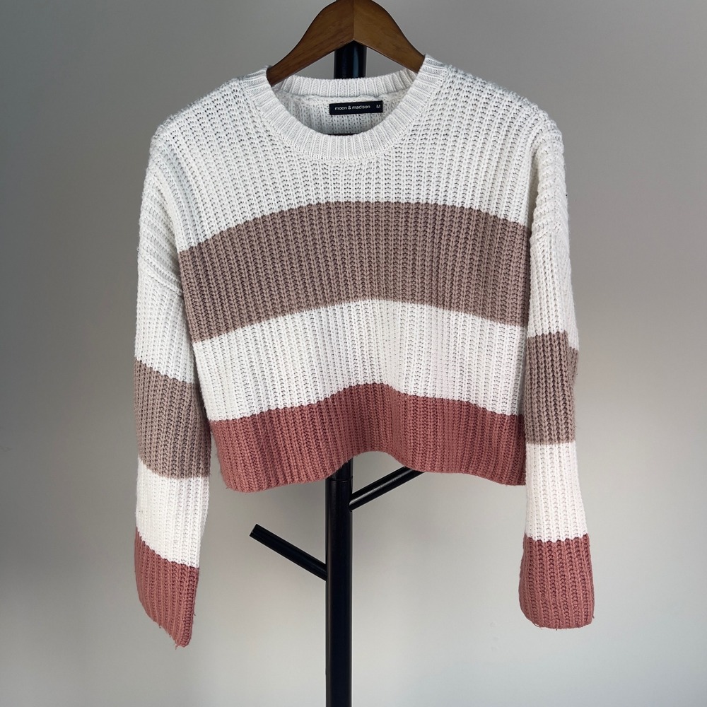 Moon & Madison Striped Cropped Sweater Medium Cream Pink Tan Ribbed Knit SA426QH